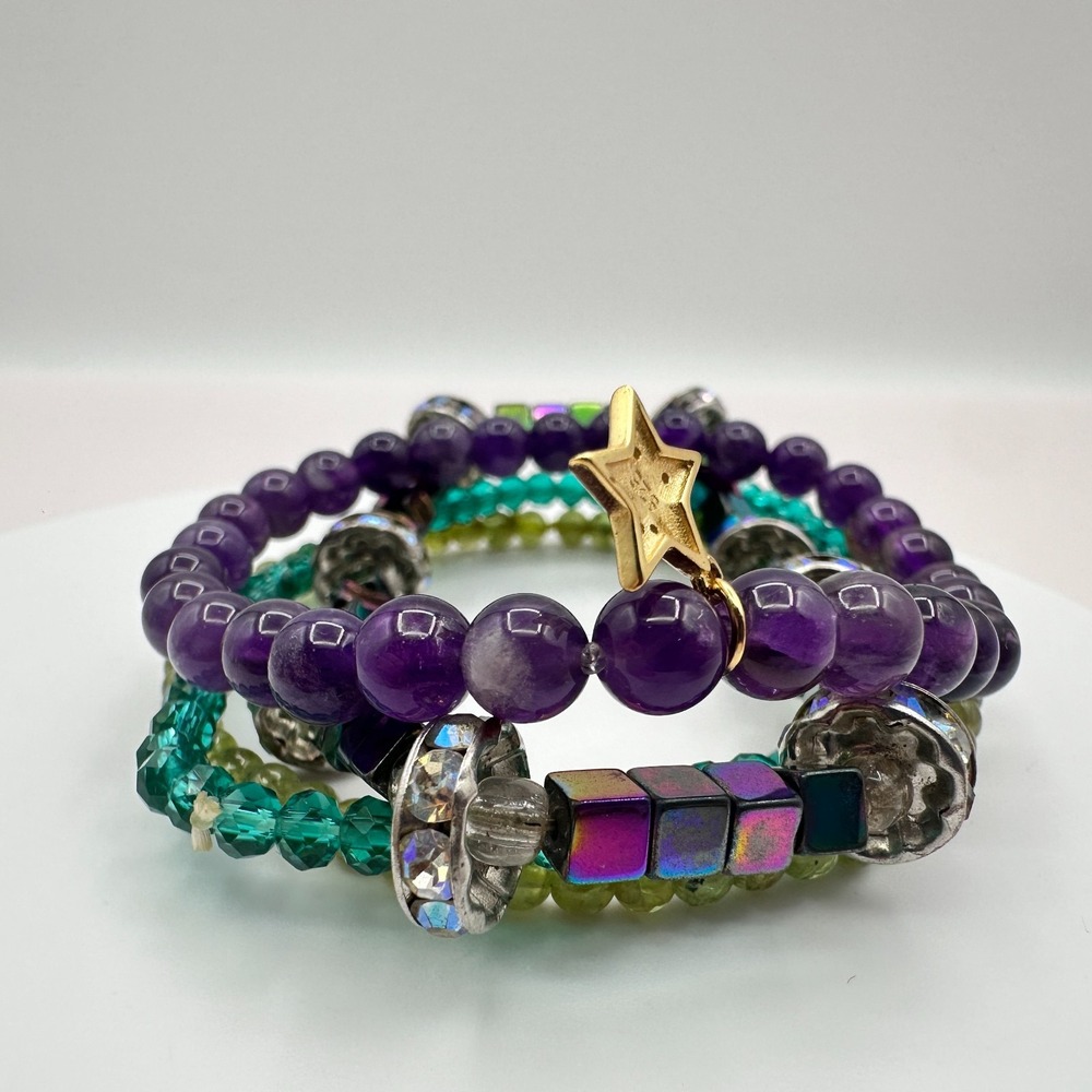 Vintage 80s Amethyst Crystal Stackable Bracelets Set Purple Green Accent Jewelry